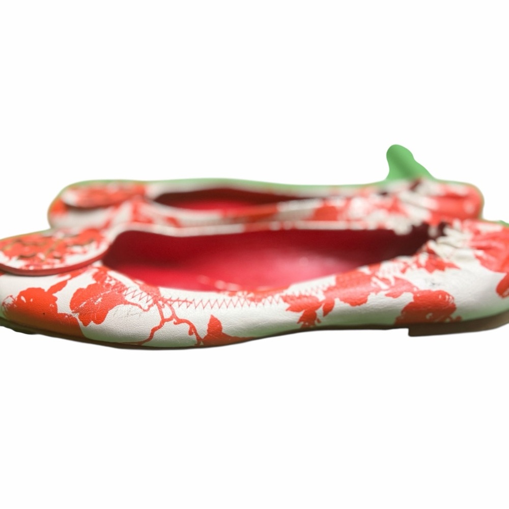 Tory Burch Red/ Orange  and White Patterned Flats - Picture 3 of 10
